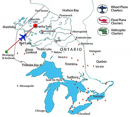 Map showing the charter flight route from Pickle Lake to Bearskin Lake